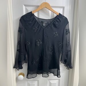 SILKLAND Black Elegant Sheer Blouse with Sequins & Embroidery. Size S. 100% Silk